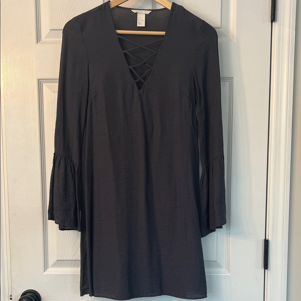 H&M Charcoal Gray 3/4 Sleeve Linen Look Dress